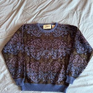 Vintage 90s Steel Purple And Blue Damask Ornate AOP Pattern Sweater Y2K Medium